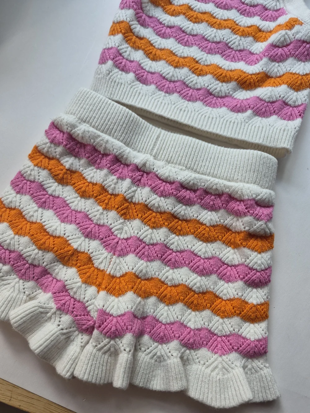 Rare Editions White Knit Tank & Shorts Set with Pink and Orange Stripes